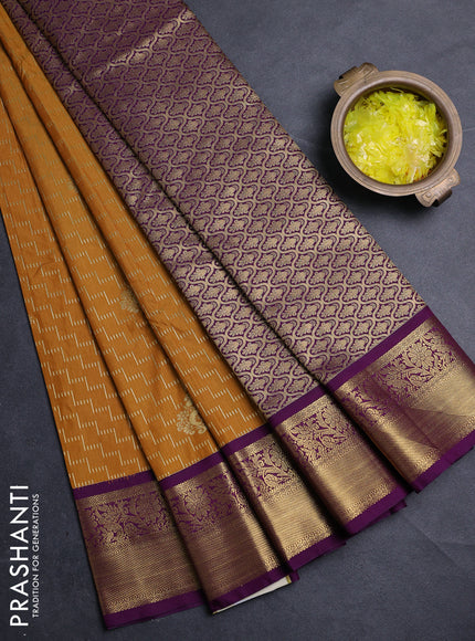Semi kanchipuram silk saree mustard yellow and purple with allover zari weaves & buttas and zari woven border