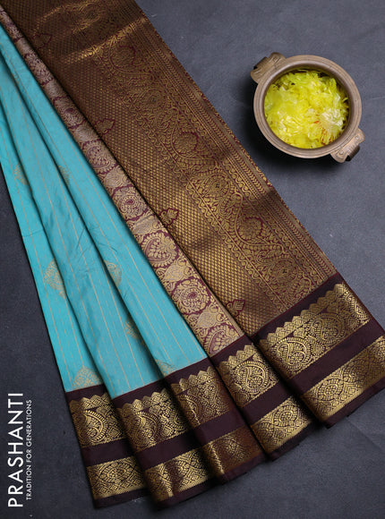 Semi kanchipuram silk saree teal blue and deep maroon with allover zari weaves & buttas and rettapet zari woven border