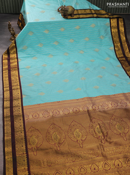 Semi kanchipuram silk saree teal blue and deep maroon with allover zari weaves & buttas and rettapet zari woven border