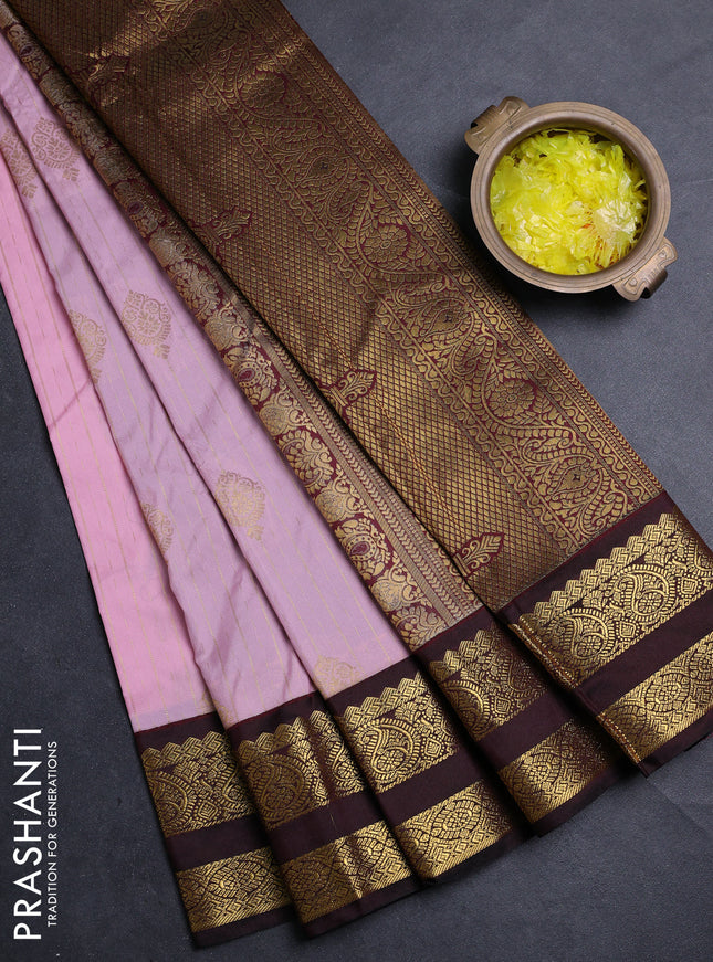 Semi kanchipuram silk saree peach pink and deep maroon with allover zari weaves & buttas and rettapet zari woven border