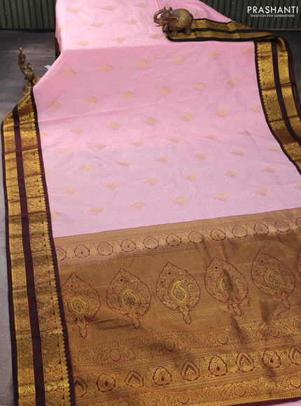 Semi kanchipuram silk saree peach pink and deep maroon with allover zari weaves & buttas and rettapet zari woven border