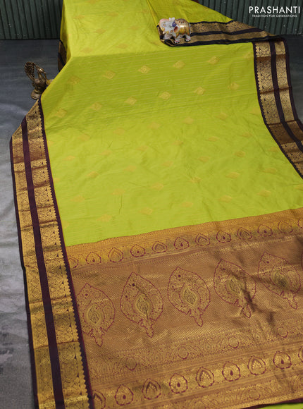 Semi kanchipuram silk saree lime green and deep maroon with allover zari weaves & buttas and rettapet zari woven border