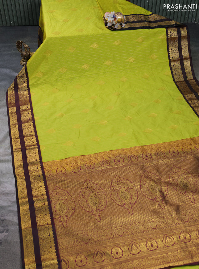 Semi kanchipuram silk saree lime green and deep maroon with allover zari weaves & buttas and rettapet zari woven border