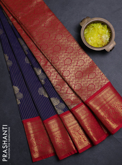 Semi kanchipuram silk saree navy blue and pink with allover zari weaves & buttas and zari woven border