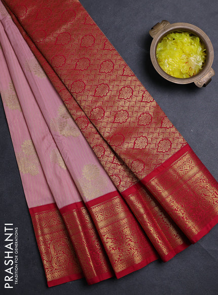 Semi kanchipuram silk saree peach pink and pink with allover zari weaves & buttas and zari woven border