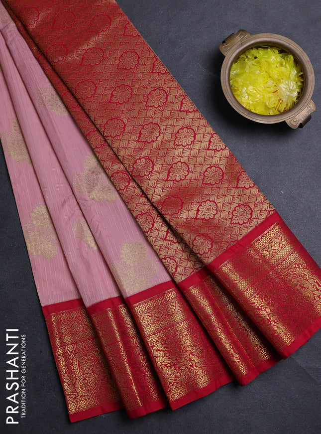 Semi kanchipuram silk saree peach pink and pink with allover zari weaves & buttas and zari woven border