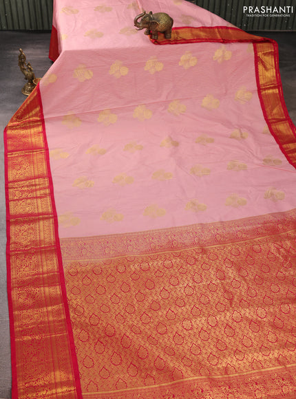 Semi kanchipuram silk saree peach pink and pink with allover zari weaves & buttas and zari woven border