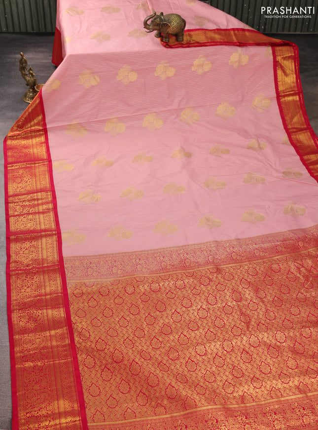 Semi kanchipuram silk saree peach pink and pink with allover zari weaves & buttas and zari woven border