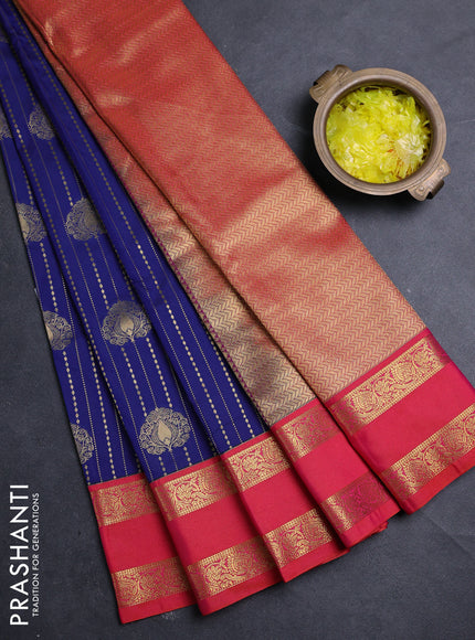Semi kanchipuram silk saree peacock blue and red with allover zari weaves & buttas and rettapet zari woven border