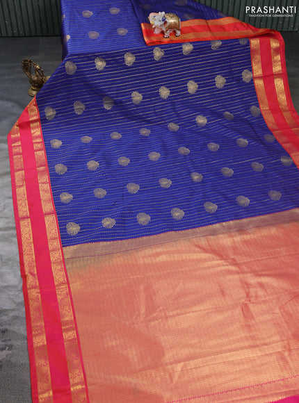 Semi kanchipuram silk saree peacock blue and red with allover zari weaves & buttas and rettapet zari woven border