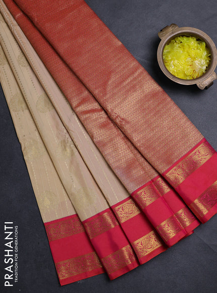 Semi kanchipuram silk saree cream and red with allover zari weaves & buttas and rettapet zari woven border
