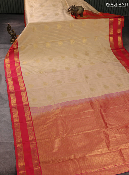 Semi kanchipuram silk saree cream and red with allover zari weaves & buttas and rettapet zari woven border