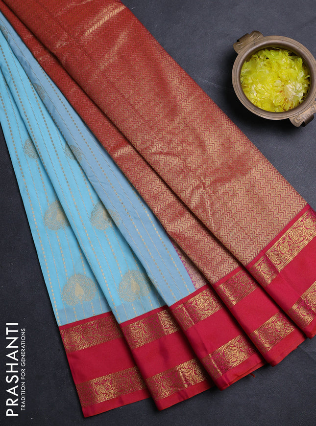 Semi kanchipuram silk saree teal blue and red with allover zari weaves & buttas and rettapet zari woven border