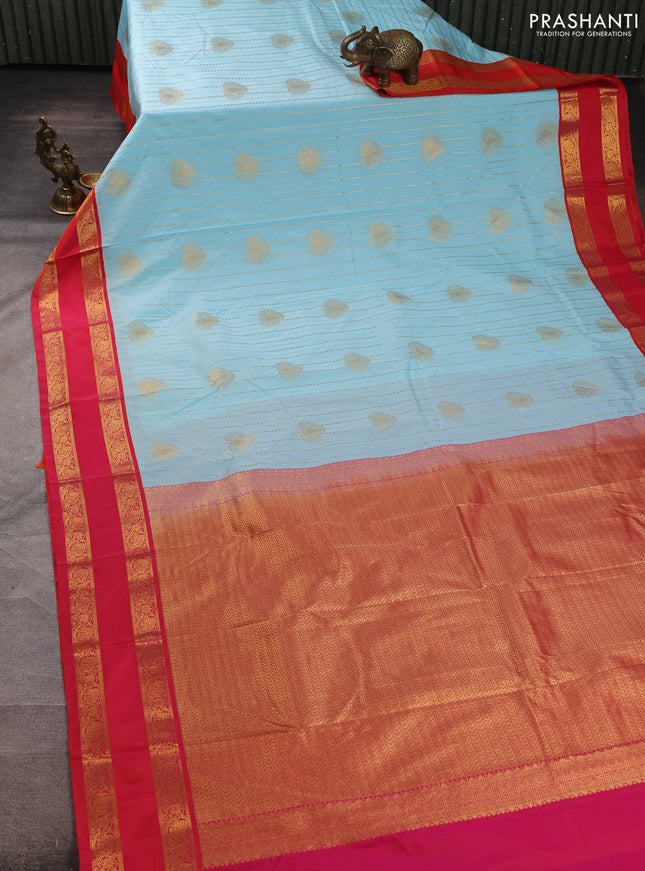 Semi kanchipuram silk saree teal blue and red with allover zari weaves & buttas and rettapet zari woven border