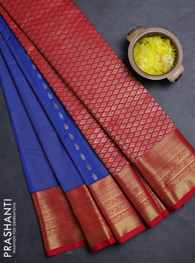 Semi kanchipuram silk saree blue and red with allover zari weaves & buttas and zari woven border