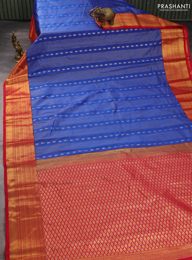 Semi kanchipuram silk saree blue and red with allover zari weaves & buttas and zari woven border