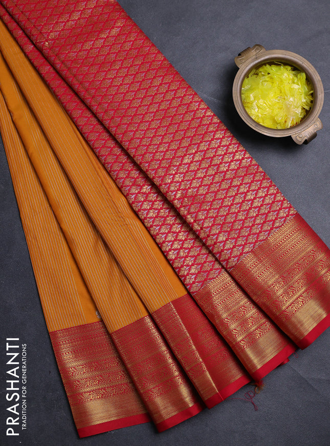 Semi kanchipuram silk saree mango yellow and red with allover zari weaves & buttas and zari woven border