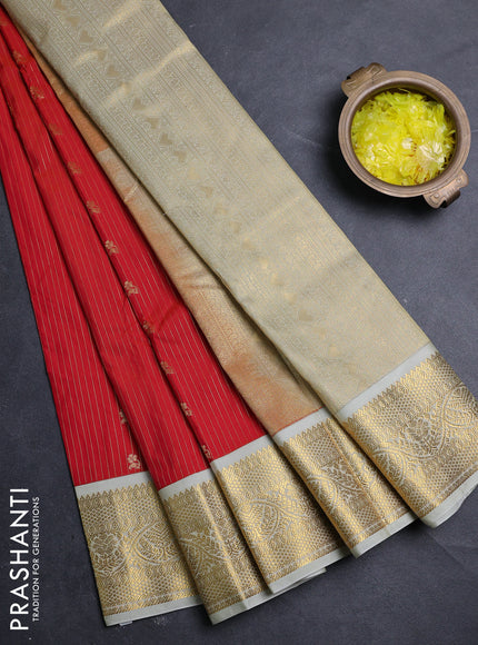 Semi kanchipuram silk saree red and mild pista green with allover zari weaves & buttas and zari woven border