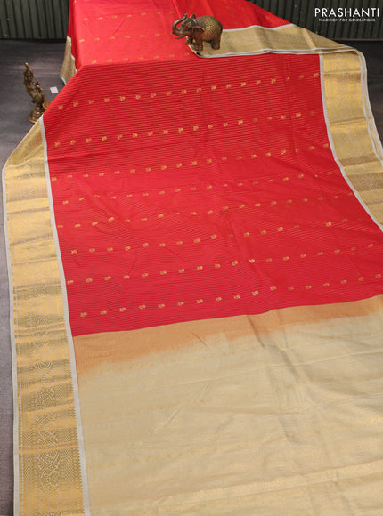 Semi kanchipuram silk saree red and mild pista green with allover zari weaves & buttas and zari woven border