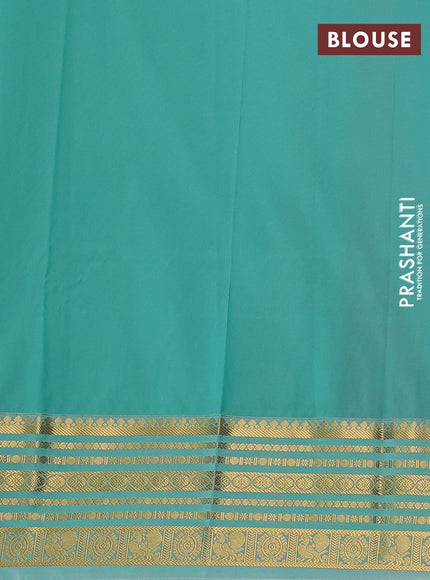 Semi kanchipuram silk saree orange and teal blue with allover zari woven buttas and zari woven border