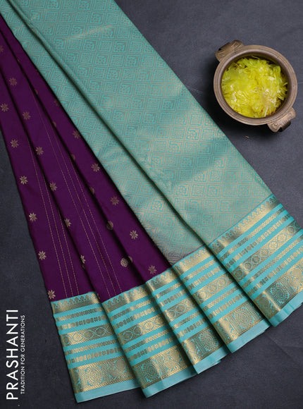 Semi kanchipuram silk saree purple and teal green with allover zari weaves & buttas and zari woven border