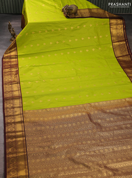 Semi kanchipuram silk saree lime green and deep maroon with allover zari checks & buttas and zari woven border