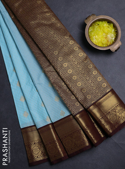Semi kanchipuram silk saree teal blue and deep maroon with allover zari checks & buttas and zari woven border