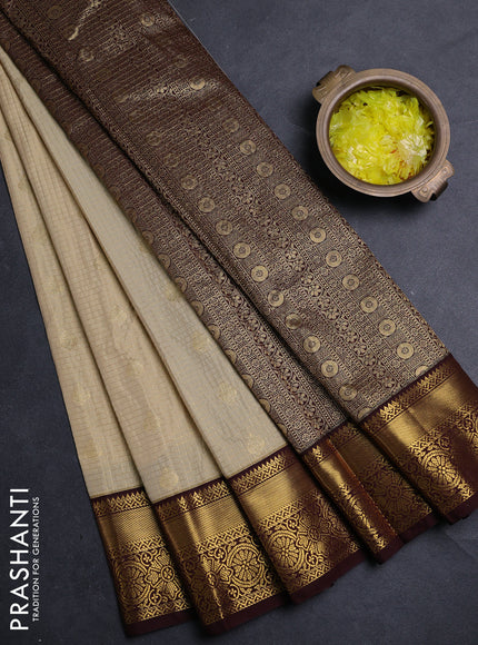 Semi kanchipuram silk saree cream and deep maroon with allover zari checks & buttas and zari woven border