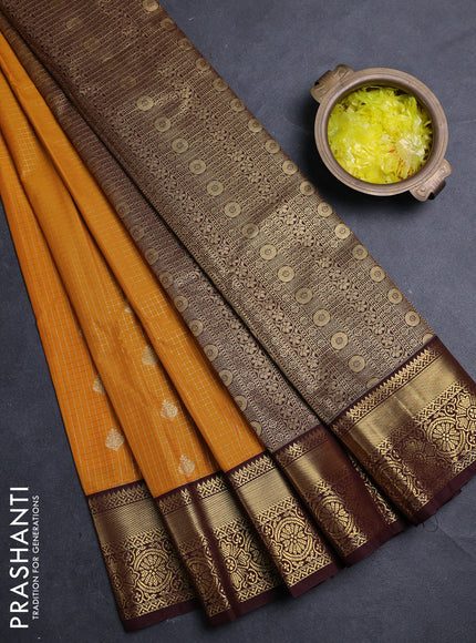 Semi kanchipuram silk saree mustard yellow and coffee brown with allover zari checks & buttas and zari woven border