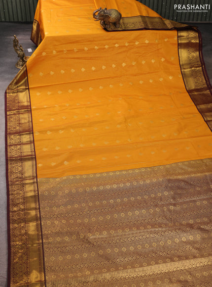 Semi kanchipuram silk saree mustard yellow and coffee brown with allover zari checks & buttas and zari woven border