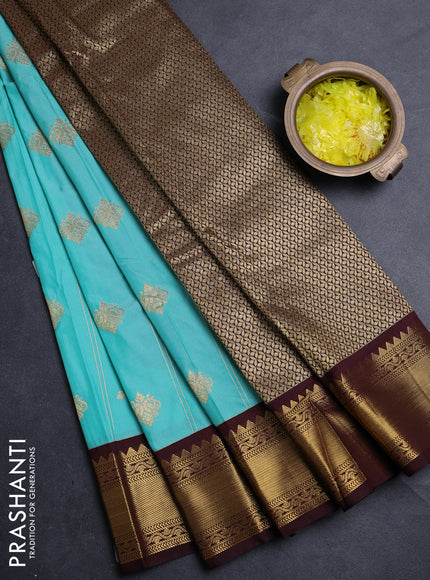 Semi kanchipuram silk saree teal blue and coffee brown with allover zari weaves & buttas and zari woven border