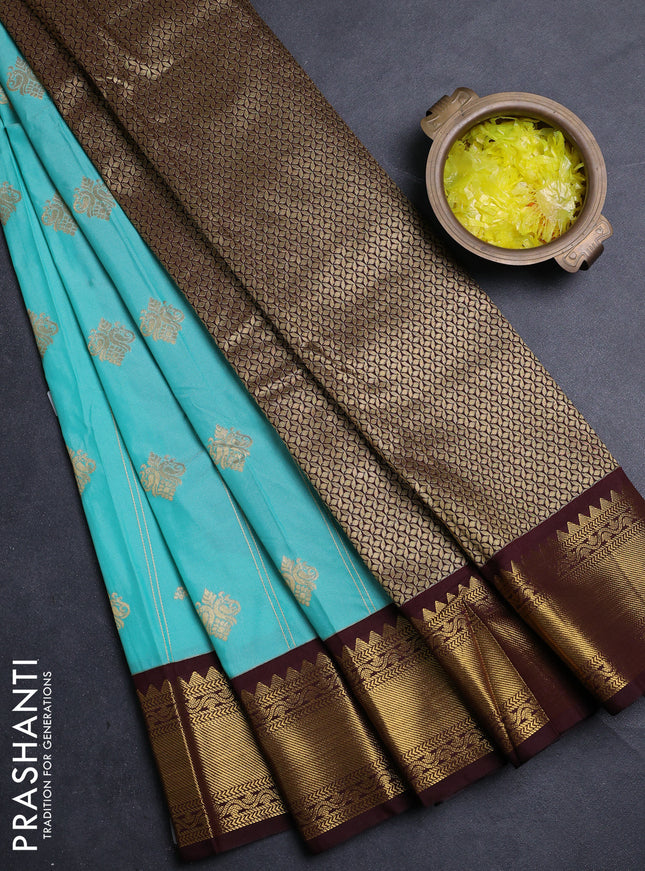 Semi kanchipuram silk saree teal blue and coffee brown with allover zari weaves & buttas and zari woven border
