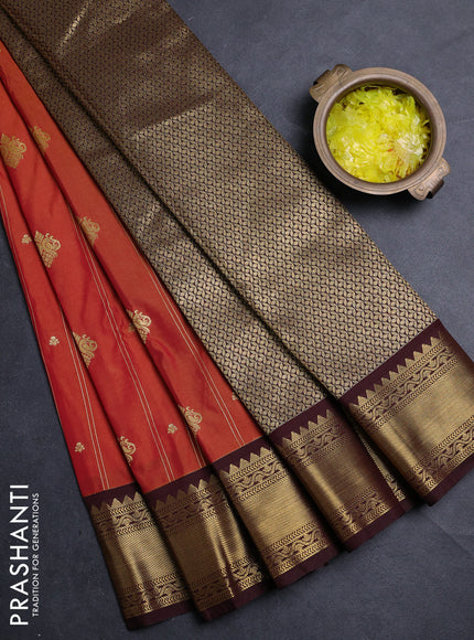 Semi kanchipuram silk saree rust shade and coffee brown with allover zari weaves & buttas and zari woven border