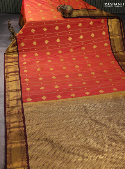 Semi kanchipuram silk saree rust shade and coffee brown with allover zari weaves & buttas and zari woven border