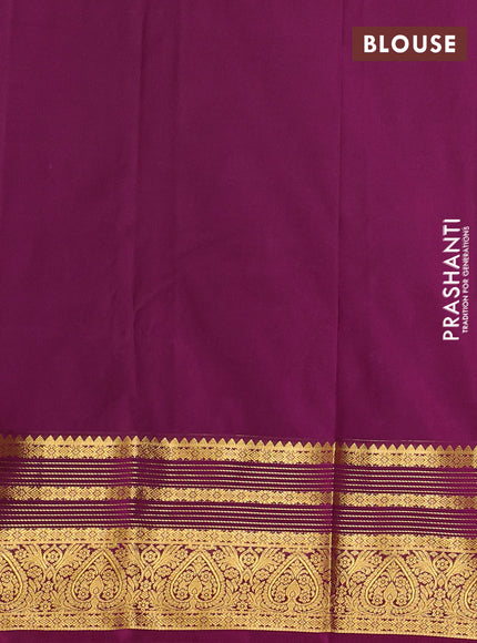 Semi kanchipuram silk saree dark mustard and purple with allover zari woven buttas and zari woven korvai border