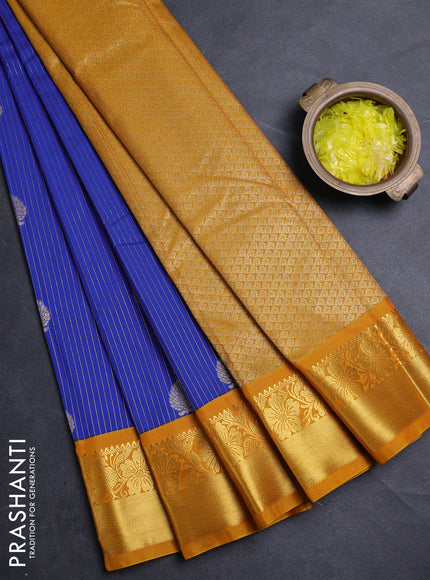 Semi kanchipuram silk saree blue and yellow with allover zari weaves & buttas and zari woven korvai border