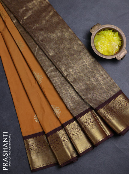 Semi kanchipuram silk saree mustard yellow and coffee brown with zari woven buttas and zari woven korvai border