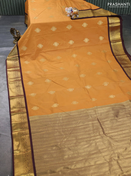 Semi kanchipuram silk saree mustard yellow and coffee brown with zari woven buttas and zari woven korvai border