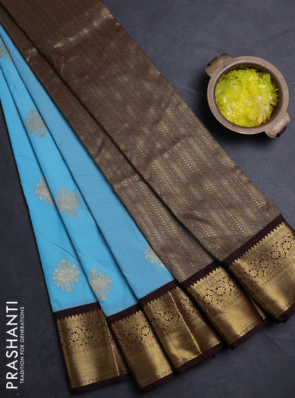 Semi kanchipuram silk saree teal blue and deep maroon with allover zari woven buttas and zari woven border