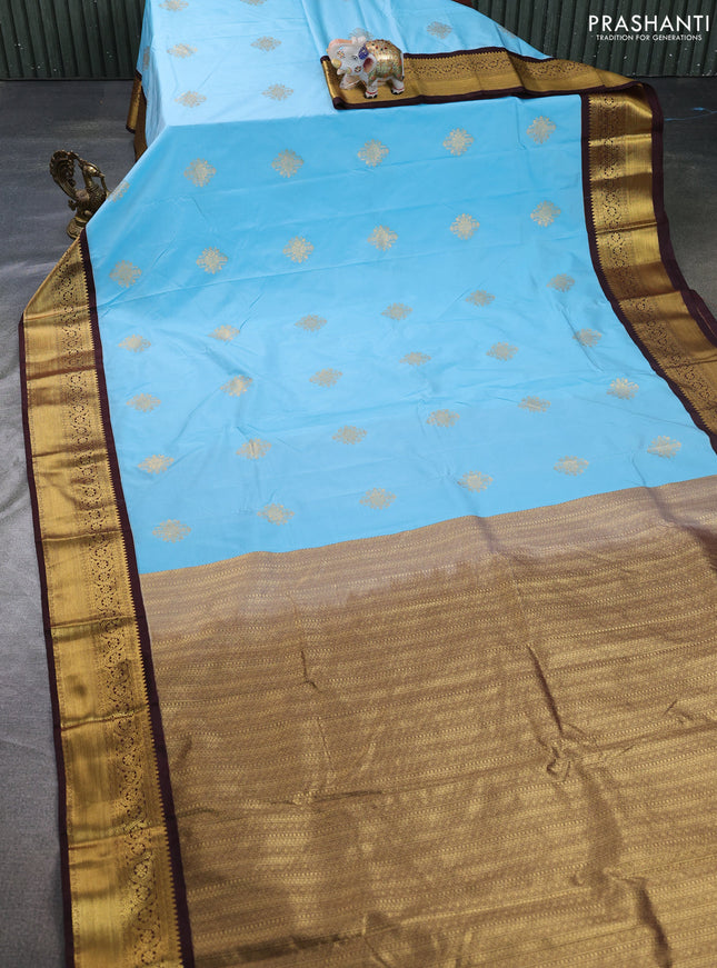 Semi kanchipuram silk saree teal blue and deep maroon with allover zari woven buttas and zari woven border