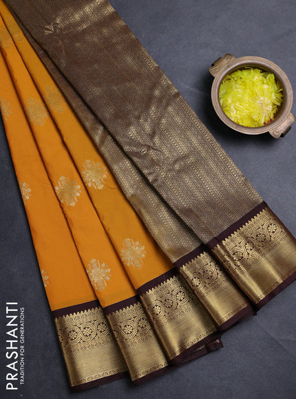 Semi kanchipuram silk saree mustard yellow and deep maroon with allover zari woven buttas and zari woven border