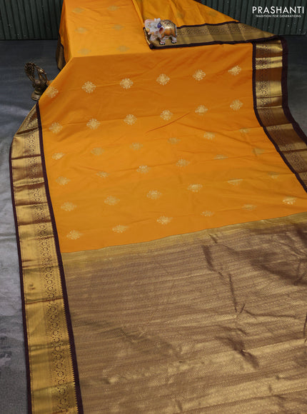 Semi kanchipuram silk saree mustard yellow and deep maroon with allover zari woven buttas and zari woven border