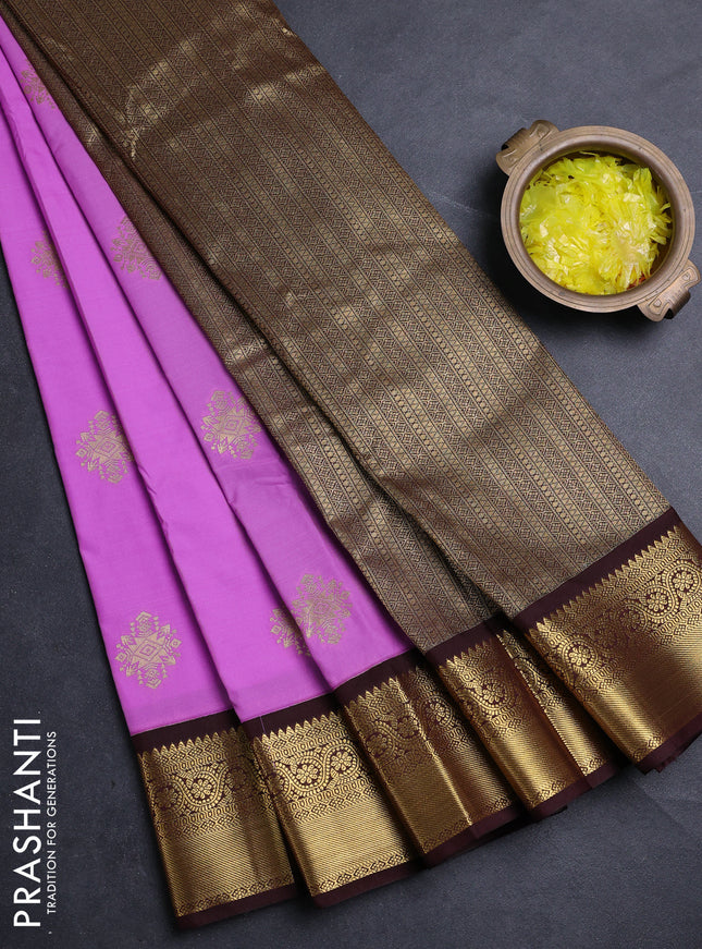 Semi kanchipuram silk saree lavender and deep maroon with allover zari woven buttas and zari woven border