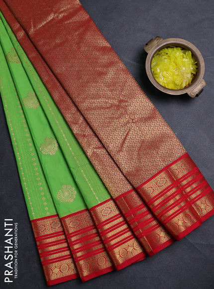 Semi kanchipuram silk saree lime green and red with allover zari weaves & buttas and zari woven korvai border