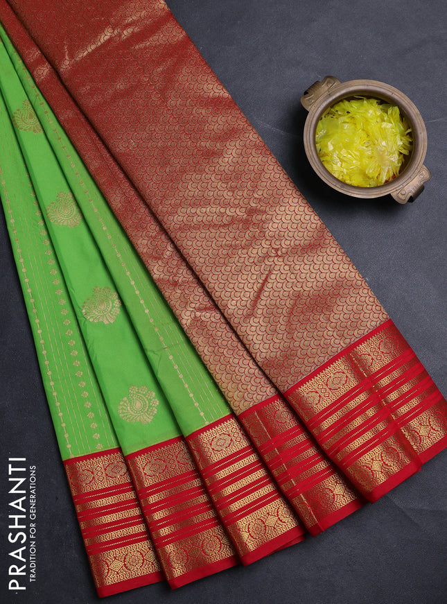 Semi kanchipuram silk saree lime green and red with allover zari weaves & buttas and zari woven korvai border