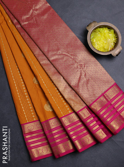 Semi kanchipuram silk saree mustard yellow and pink with allover zari weaves & buttas and zari woven korvai border
