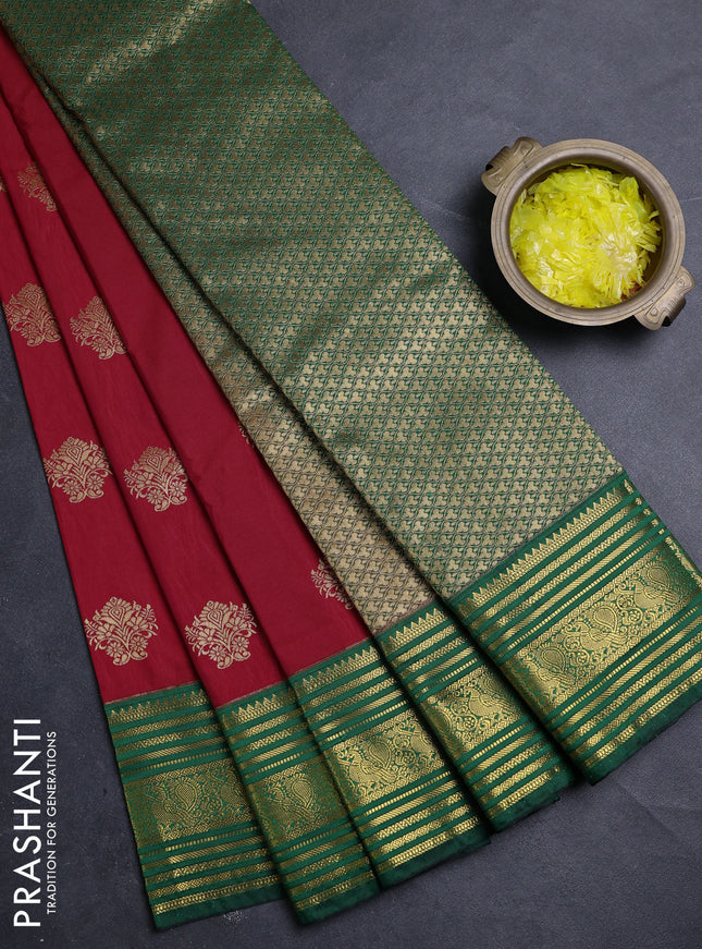 Semi kanchipuram silk saree red and bottle green with zari woven buttas and zari woven korvai border
