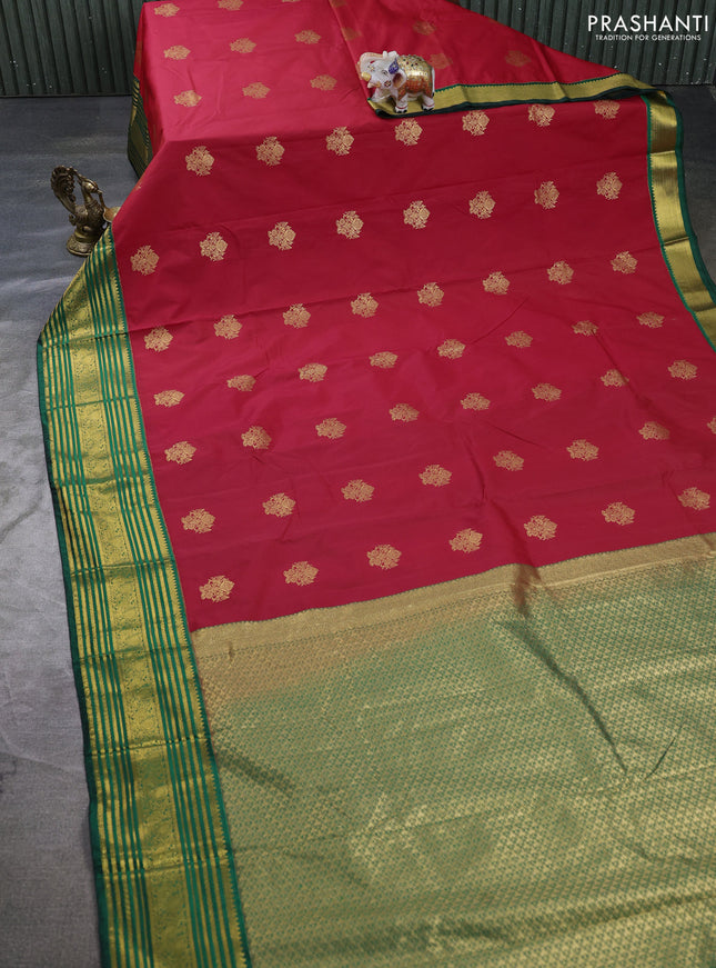 Semi kanchipuram silk saree red and bottle green with zari woven buttas and zari woven korvai border