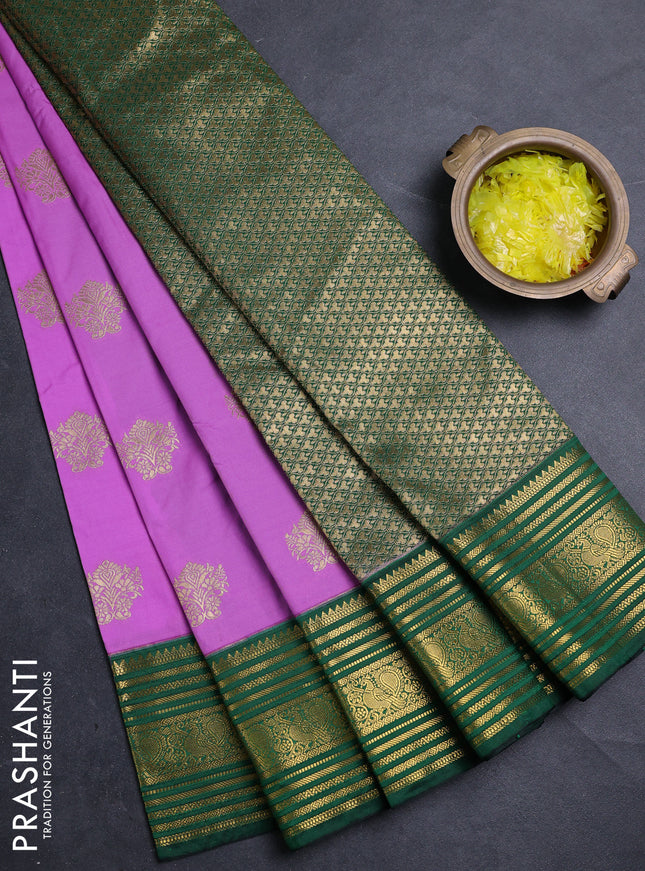 Semi kanchipuram silk saree lavender and green with zari woven buttas and zari woven korvai border