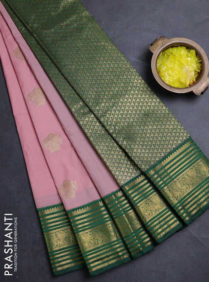 Semi kanchipuram silk saree pastel pink and green with zari woven buttas and zari woven korvai border